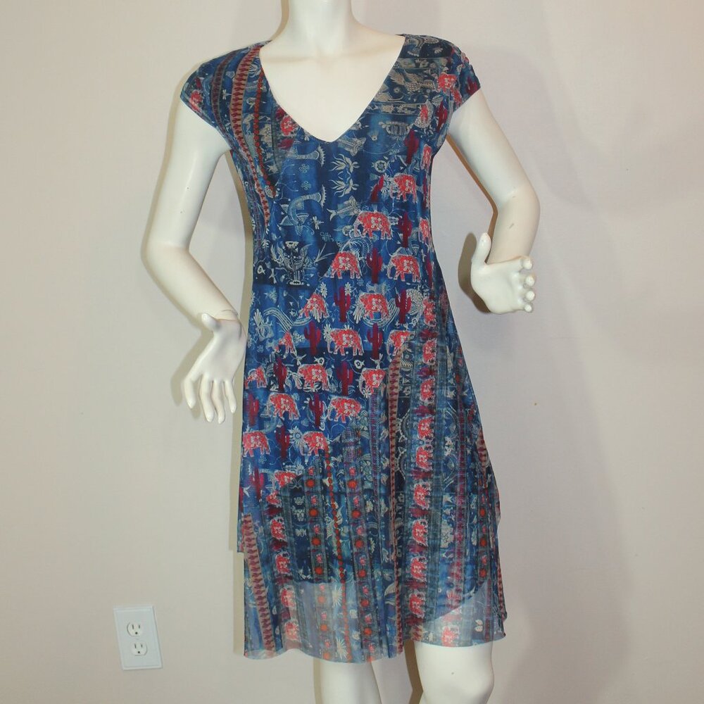Desigual  Vest Merry Casual Dress Layered Blue Red Elephants Print Boho size M